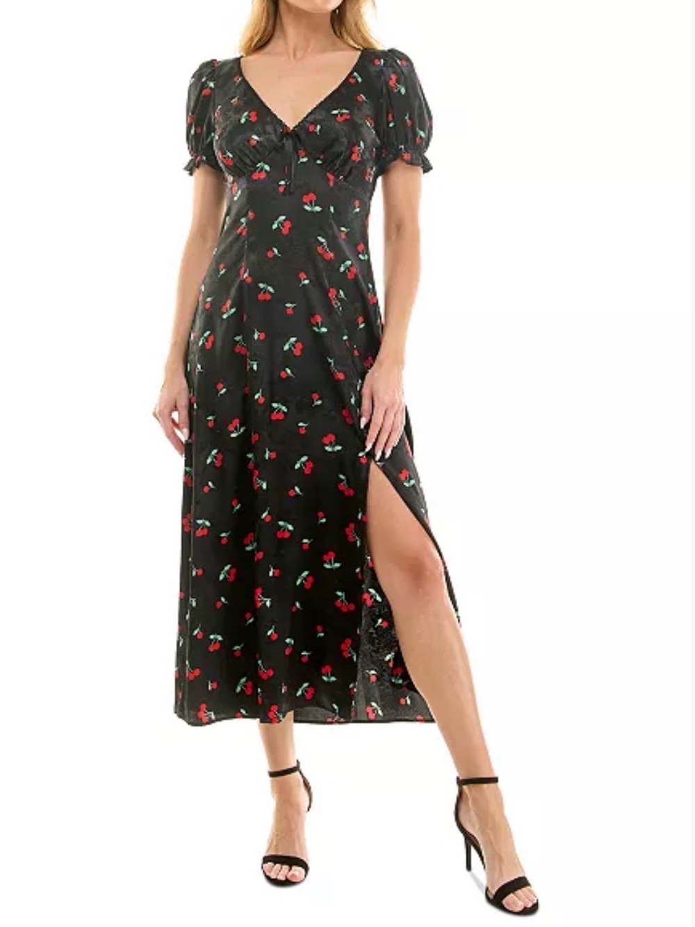 Crystal Doll Black Cherry-Print Puff Sleeve Midi Dress